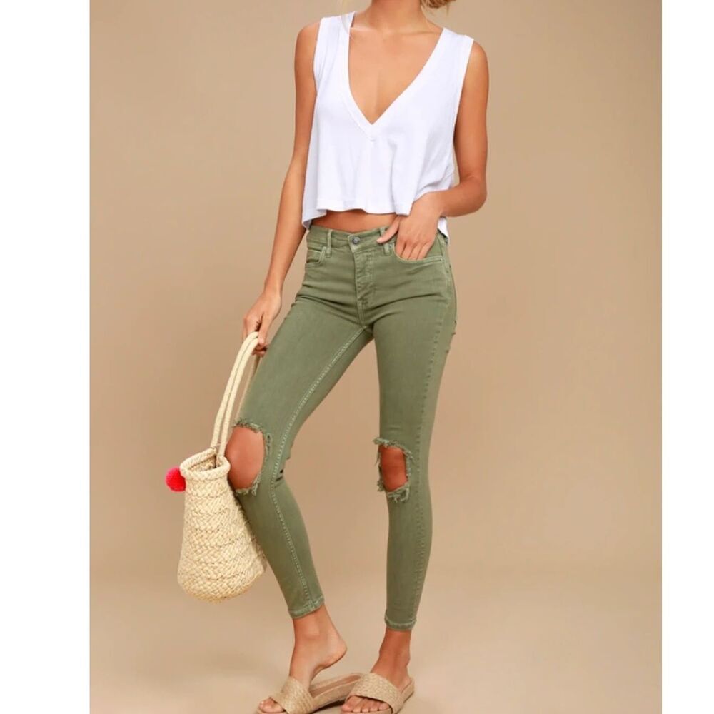 Free People Busted Olive Green Distressed Skinny Jeans